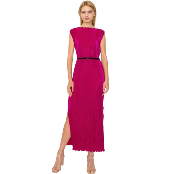 NWT Women's MELLODAY Cap‎ Sleeve Belted Plissé Dress Raspberry | Size M - Picture 2 of 15